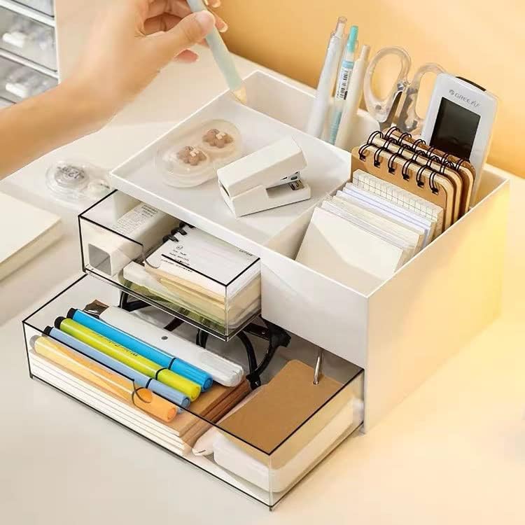 kulusion Desk Drawer Organizer, Desk Storage Box with 2 Drawers and 4 Compartments, Multifunctional Desk Accessories & Countertop Organizers for Office School Home (White） - Image 4